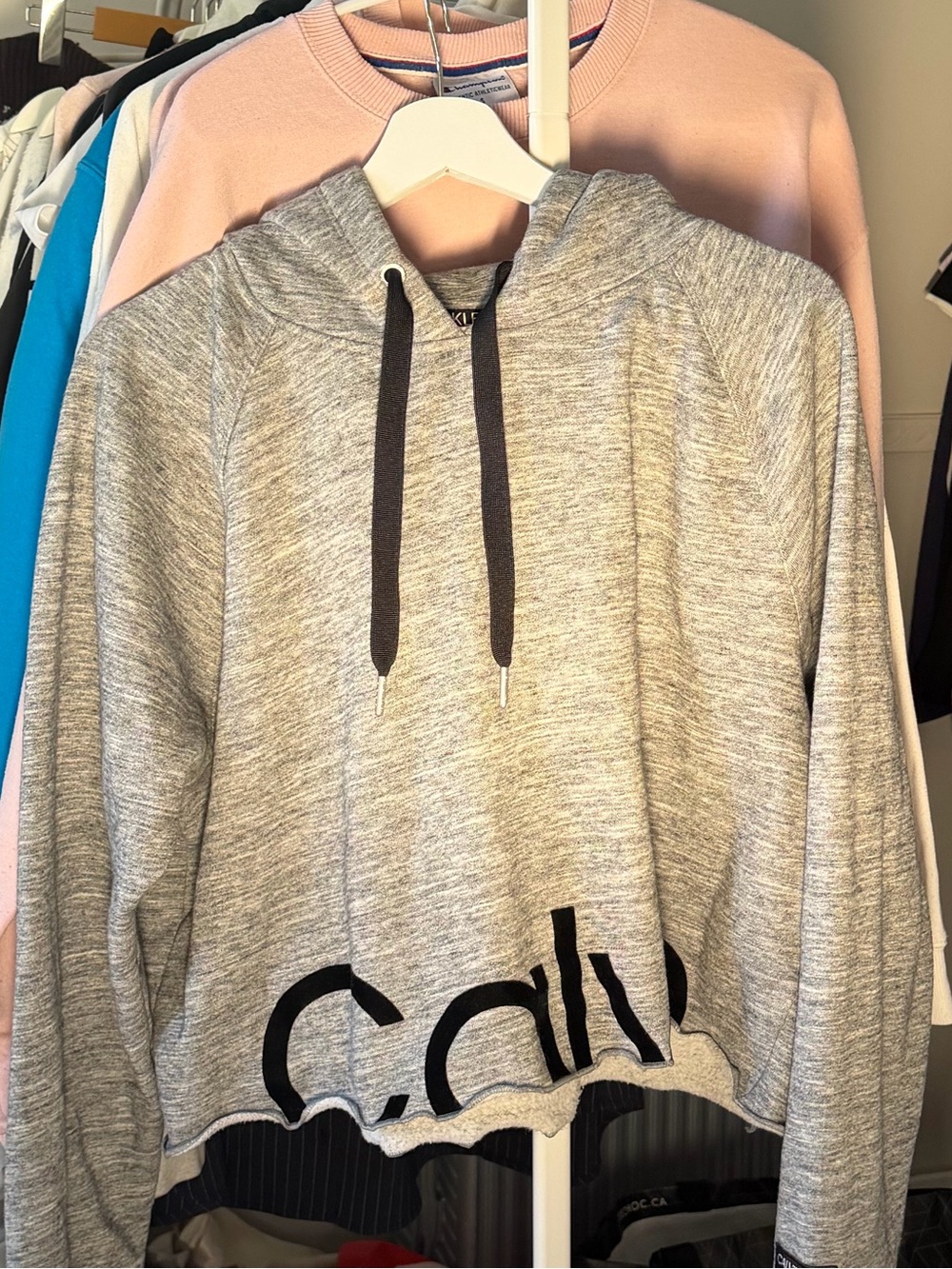 Calvin Klein Gray Heather Cropped Hoodie with Black Drawstrings